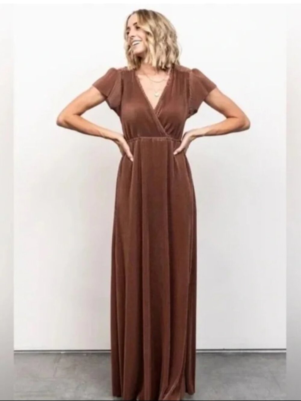 Baltic Born Athena Pleated Bronze Goddess Maxi Dress Rose Gold Size Small